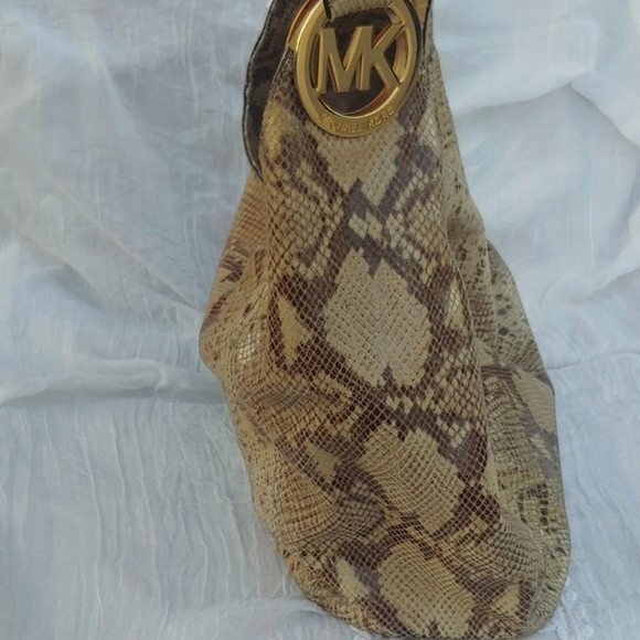 Michael Kors Leather Snake Print Hobo Bag in Cream and Brown - Picture 7 of 16